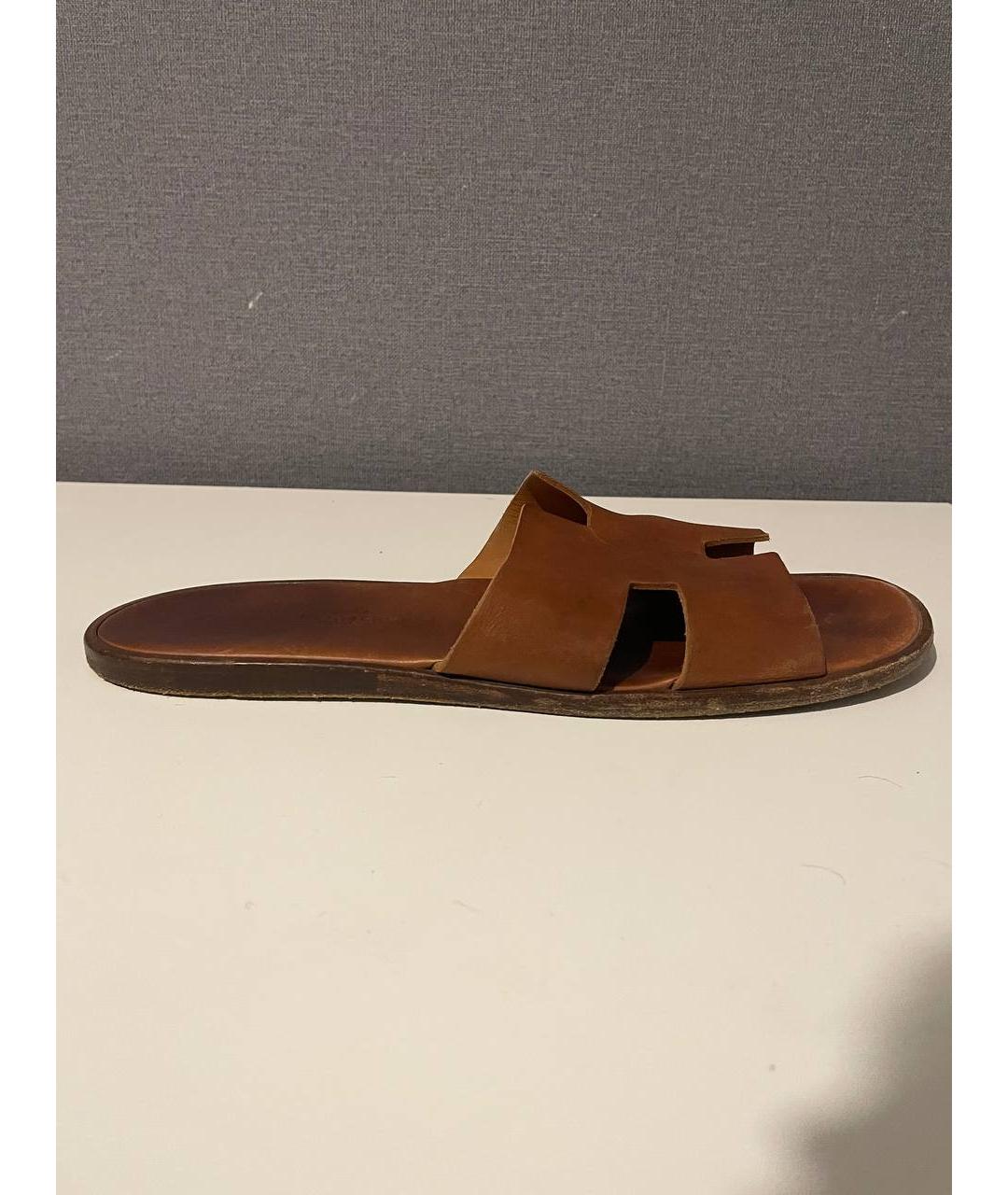 HERMES Коричневые кожаные шлепанцы, фото 7