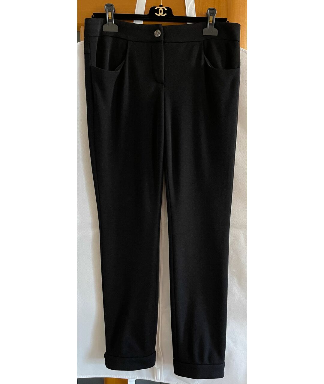 CHANEL PRE-OWNED Черные шерстяные прямые брюки, фото 9