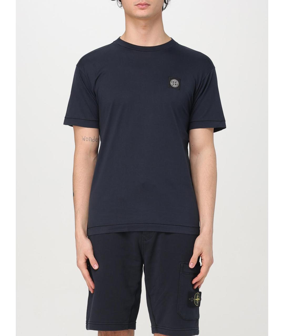 STONE ISLAND Темно-синяя хлопковая футболка, фото 2