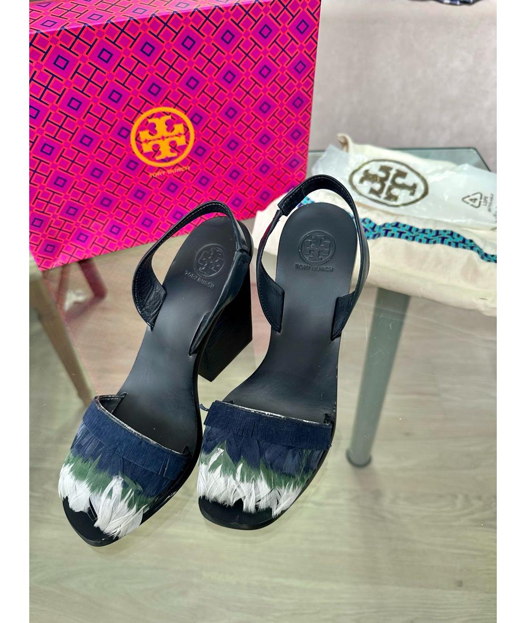 TORY BURCH Темно-синие кожаные босоножки, фото 3