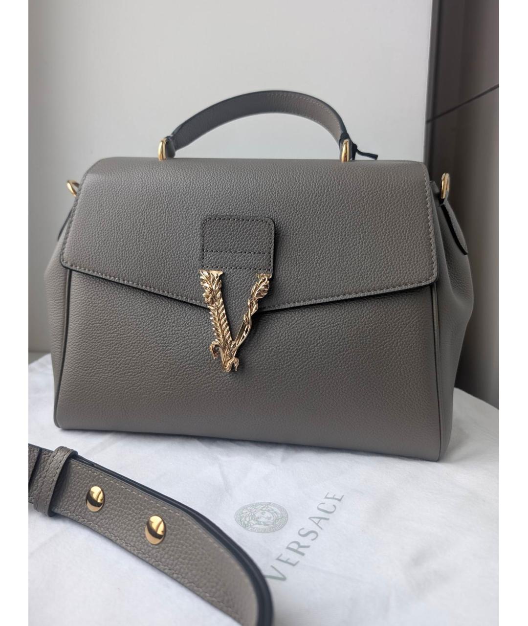 VERSACE Антрацитовая кожаная сумка с короткими ручками, фото 8