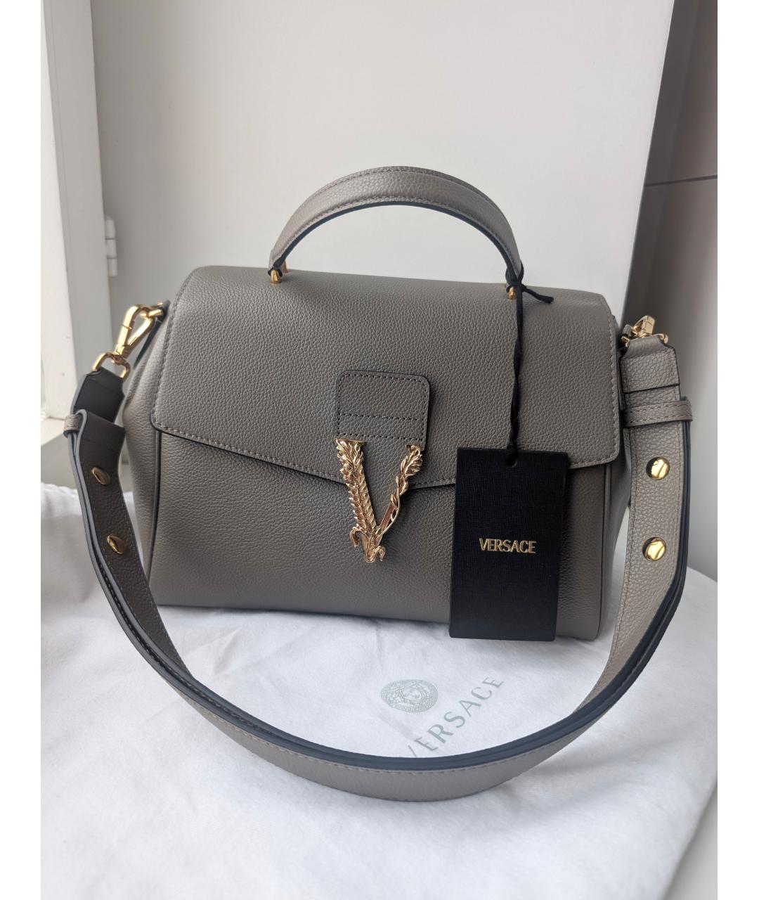 VERSACE Антрацитовая кожаная сумка с короткими ручками, фото 2