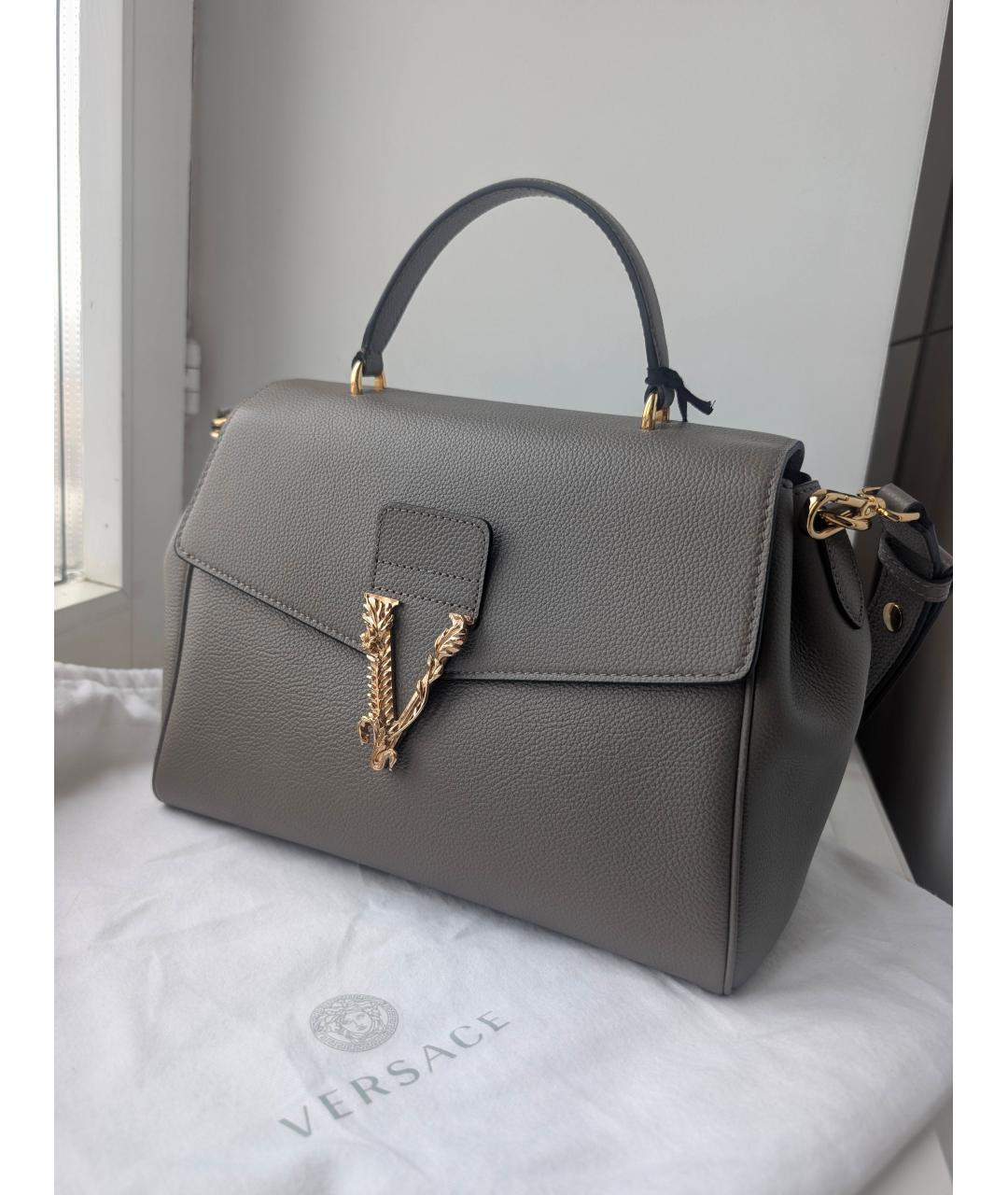 VERSACE Антрацитовая кожаная сумка с короткими ручками, фото 7