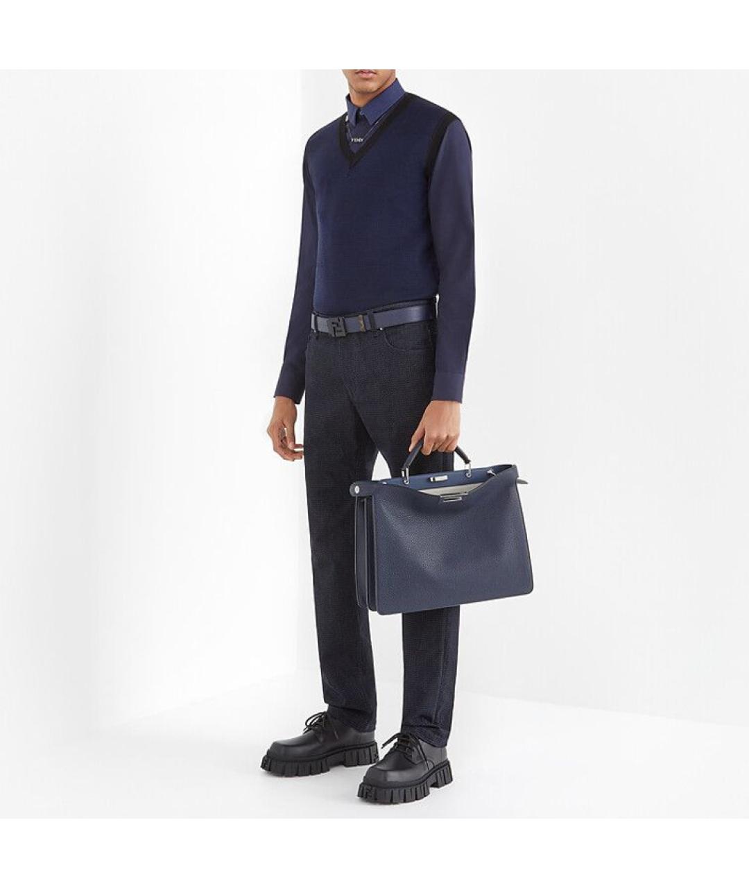 FENDI Темно-синяя кожаная сумка тоут, фото 4