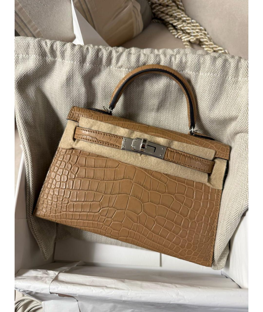 HERMES Бежевая сумка с короткими ручками из экзотической кожи, фото 5
