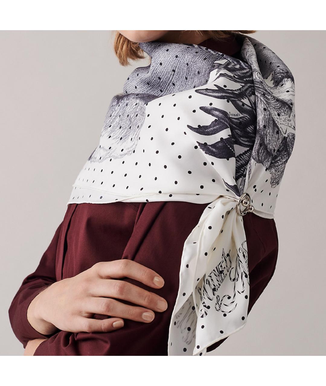 HERMES Белый шелковый шарф, фото 2