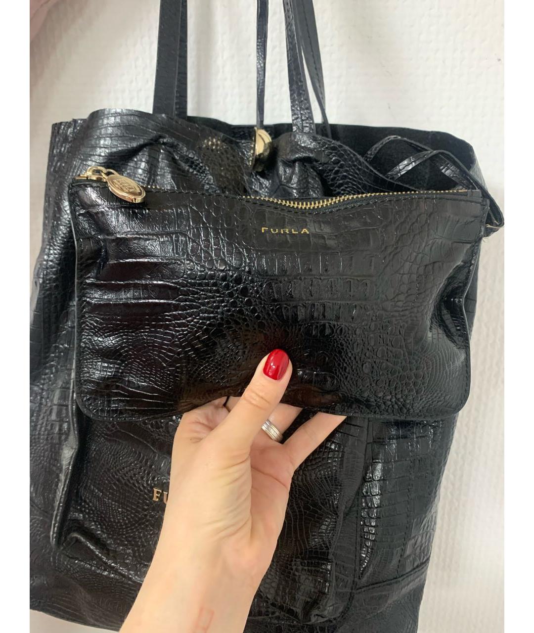 FURLA Черная сумка тоут из экзотической кожи, фото 8