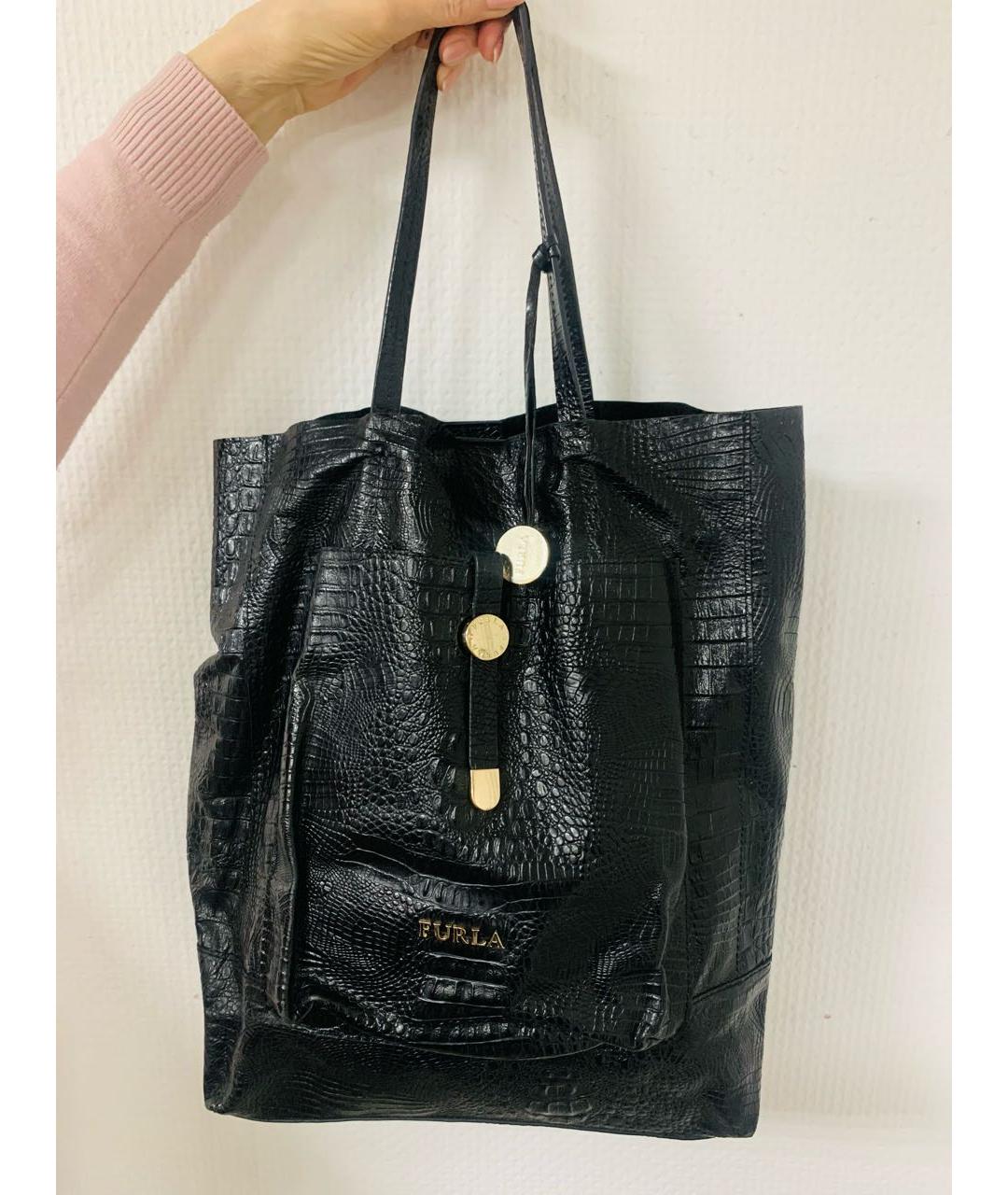 FURLA Черная сумка тоут из экзотической кожи, фото 9