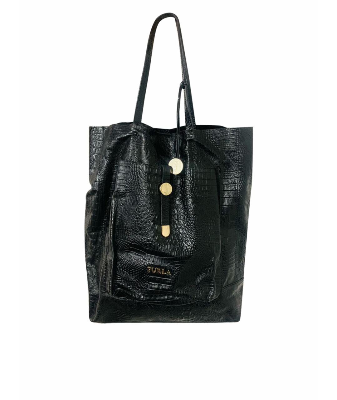FURLA Черная сумка тоут из экзотической кожи, фото 1