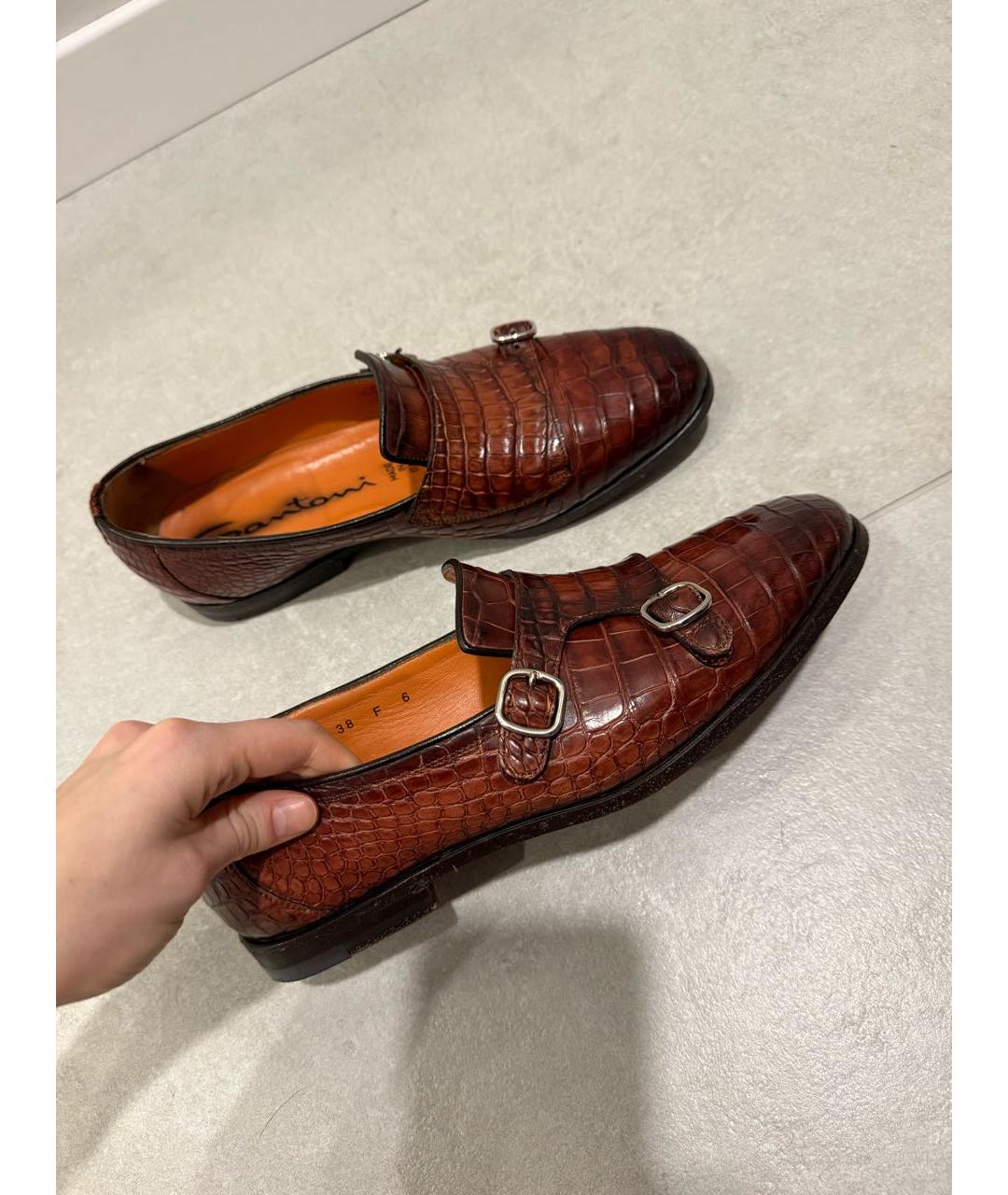 SANTONI Коричневые лоферы из экзотической кожи, фото 3