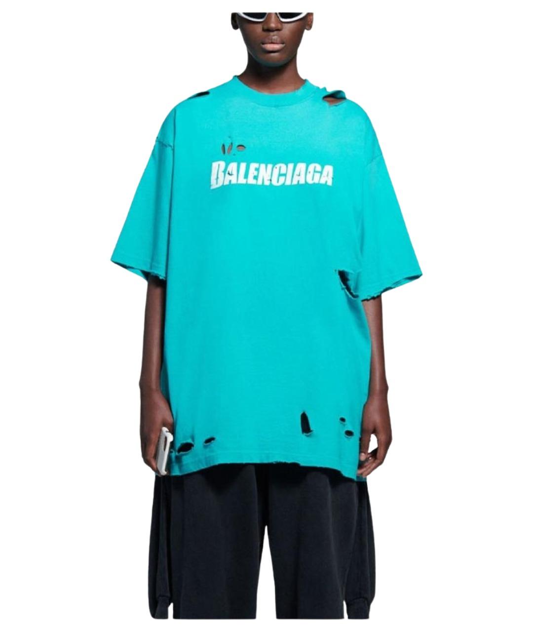 BALENCIAGA Бирюзовая хлопковая футболка, фото 3