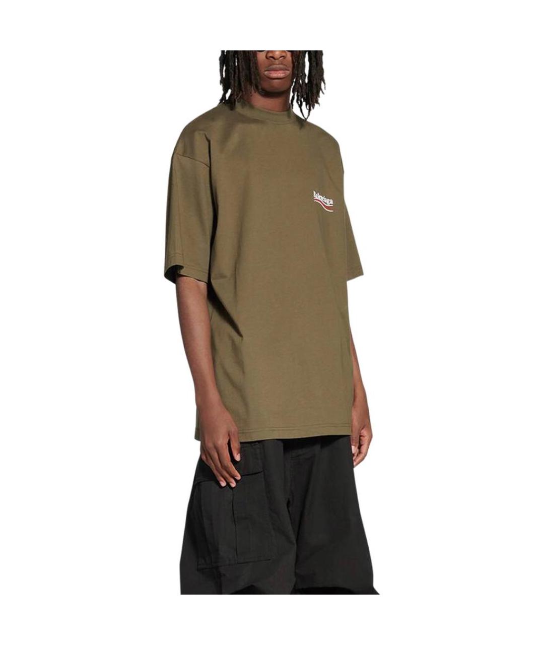 BALENCIAGA Хаки хлопковая футболка, фото 4