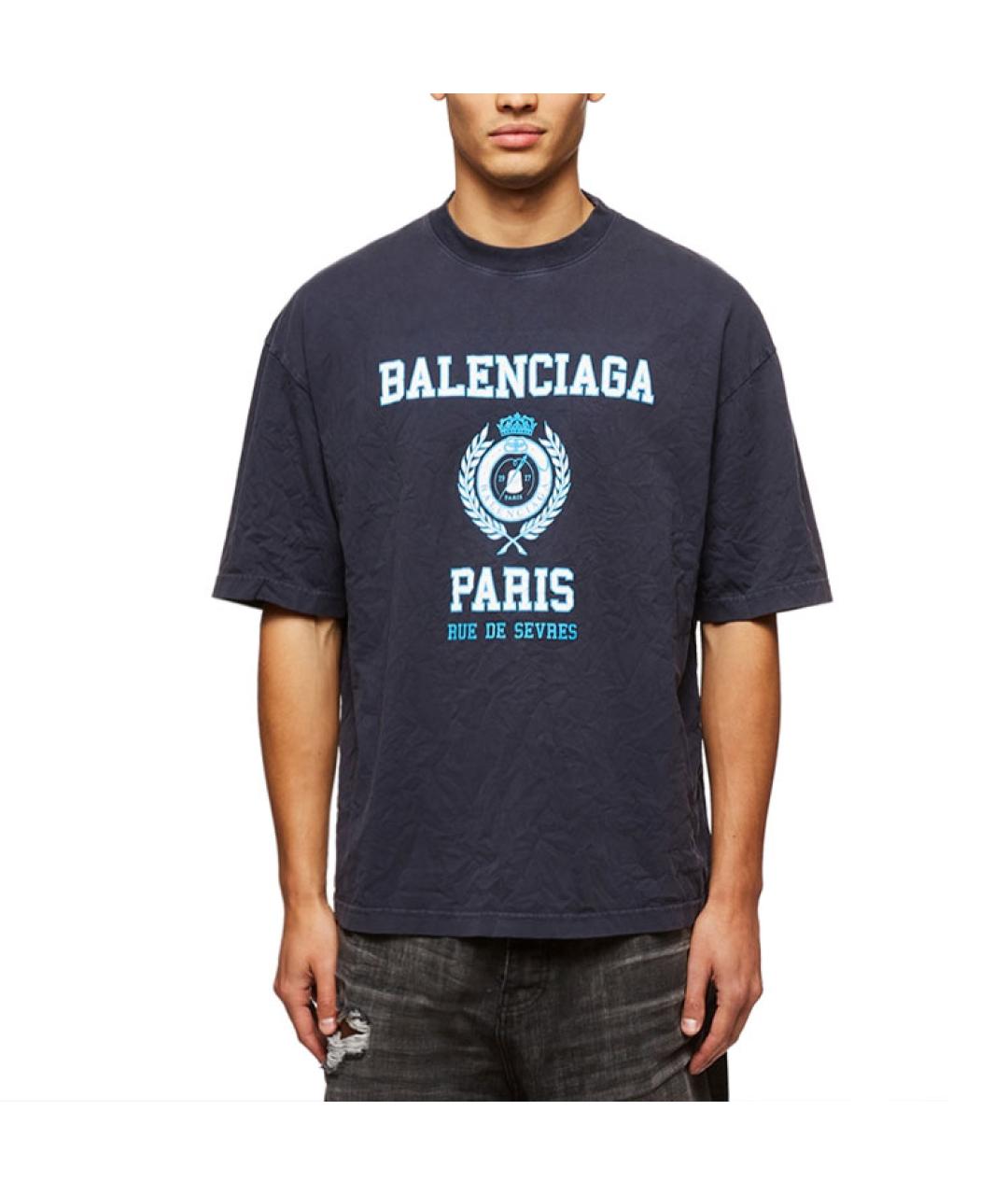 BALENCIAGA Темно-синяя хлопковая футболка, фото 3