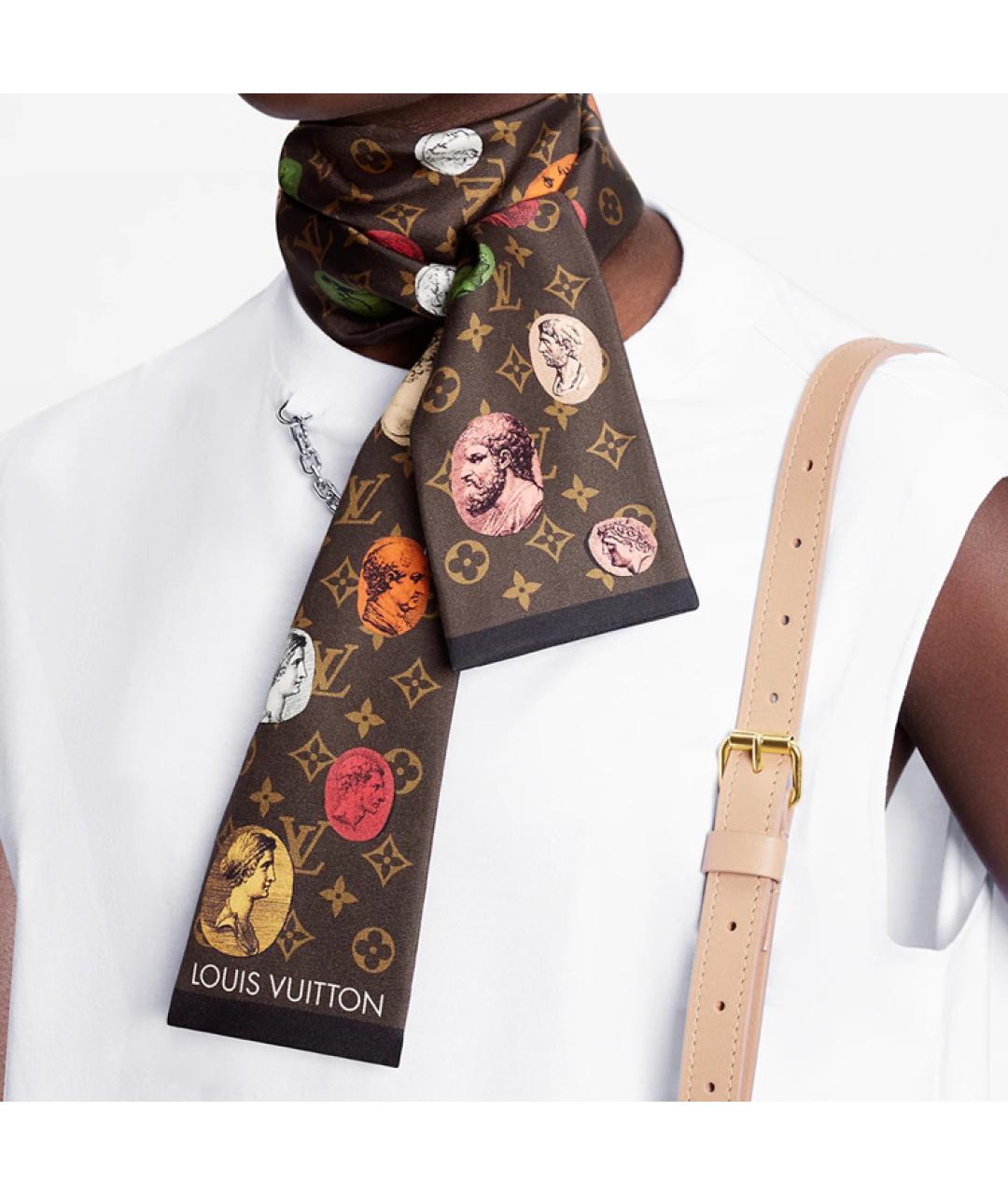 LOUIS VUITTON Коричневый шелковый шарф, фото 3