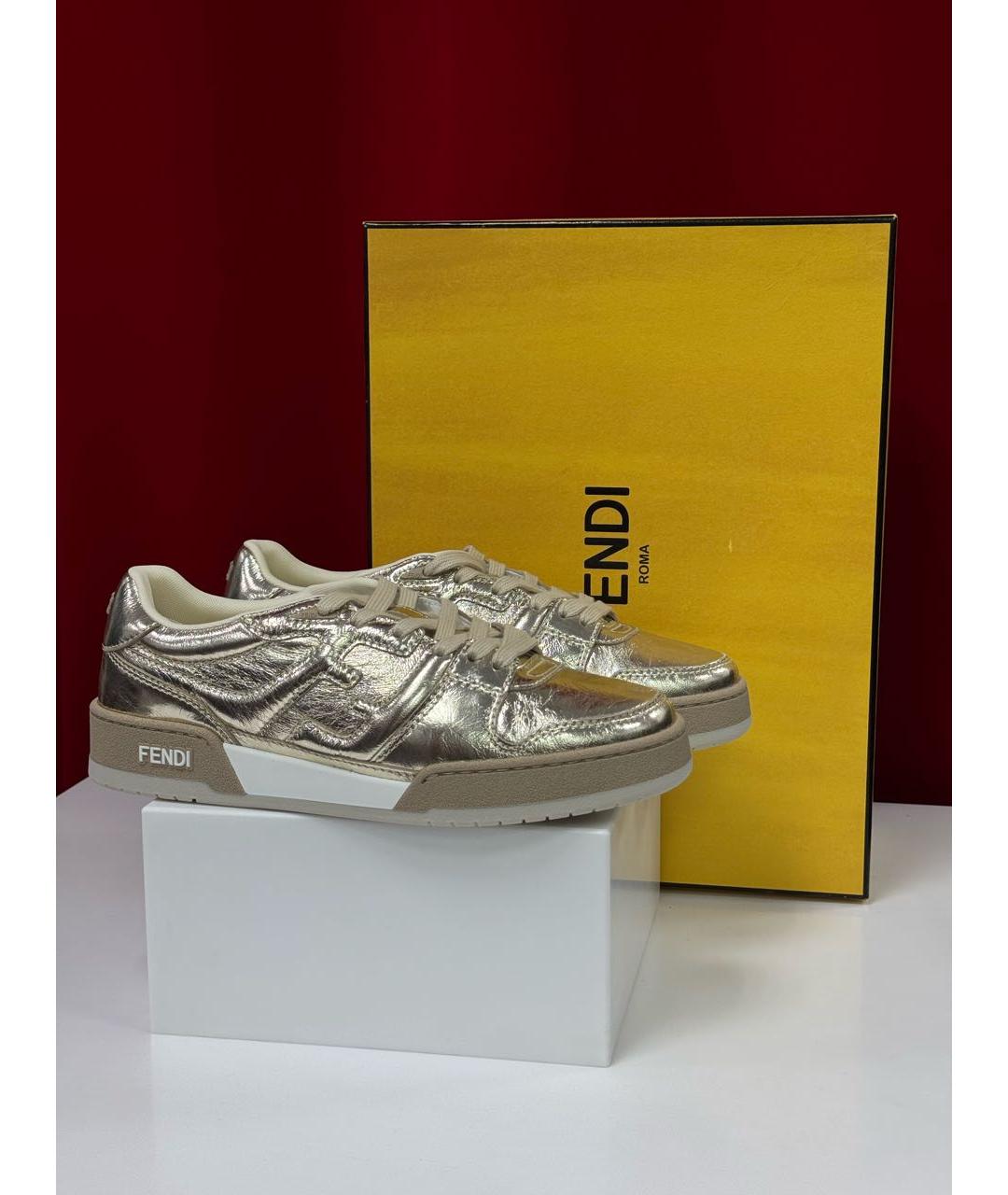 FENDI Золотые кожаные кеды, фото 5