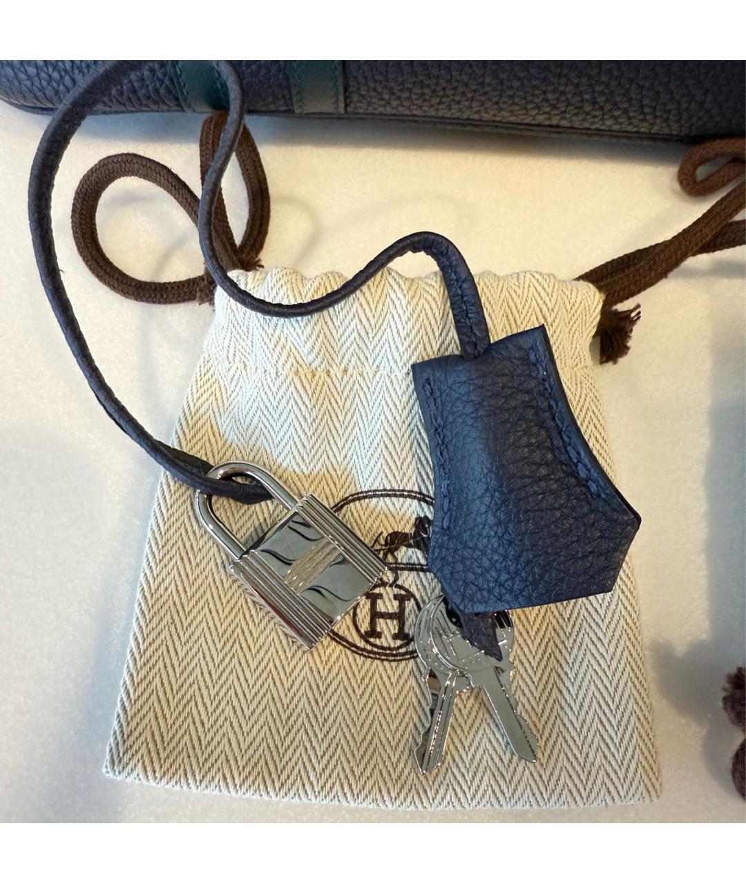 HERMES Темно-синяя кожаная сумка с короткими ручками, фото 7