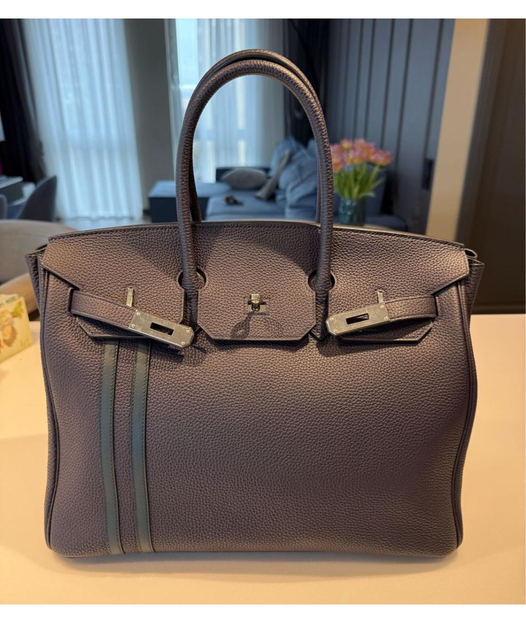 HERMES Темно-синяя кожаная сумка с короткими ручками, фото 5