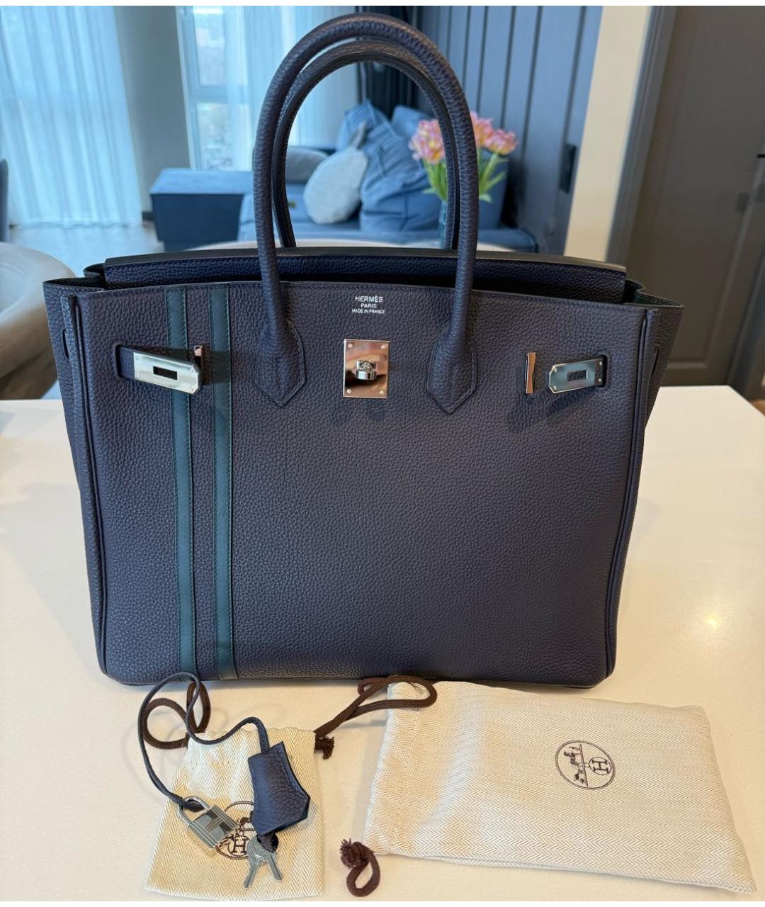 HERMES Темно-синяя кожаная сумка с короткими ручками, фото 9