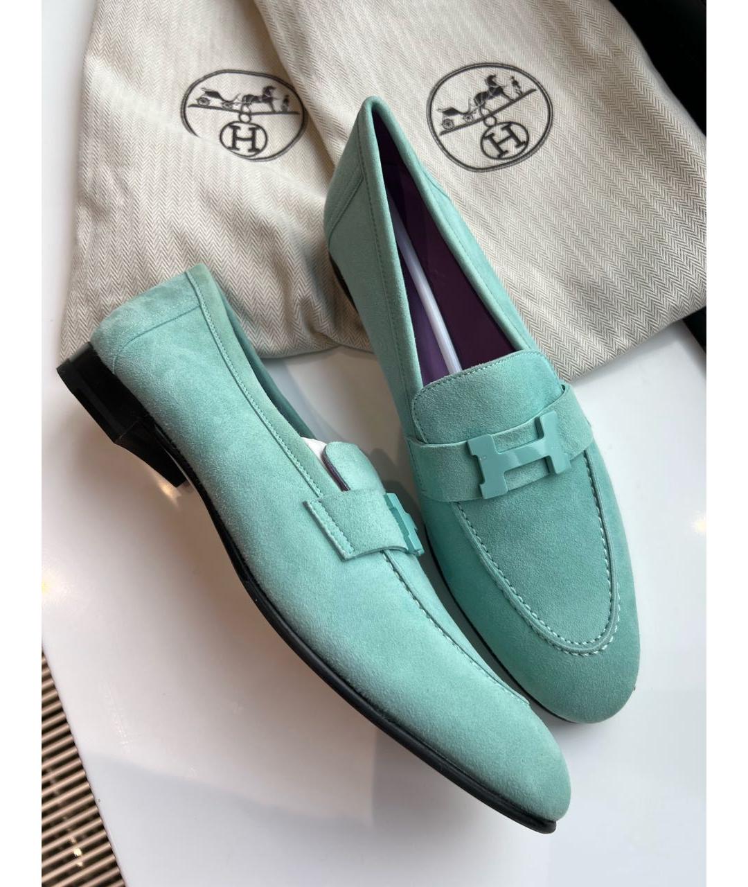 HERMES Бирюзовые замшевые лоферы, фото 6