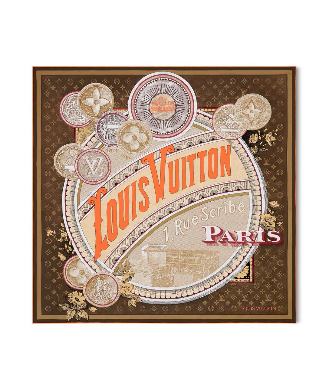 LOUIS VUITTON Коричневый шелковый платок, фото 5