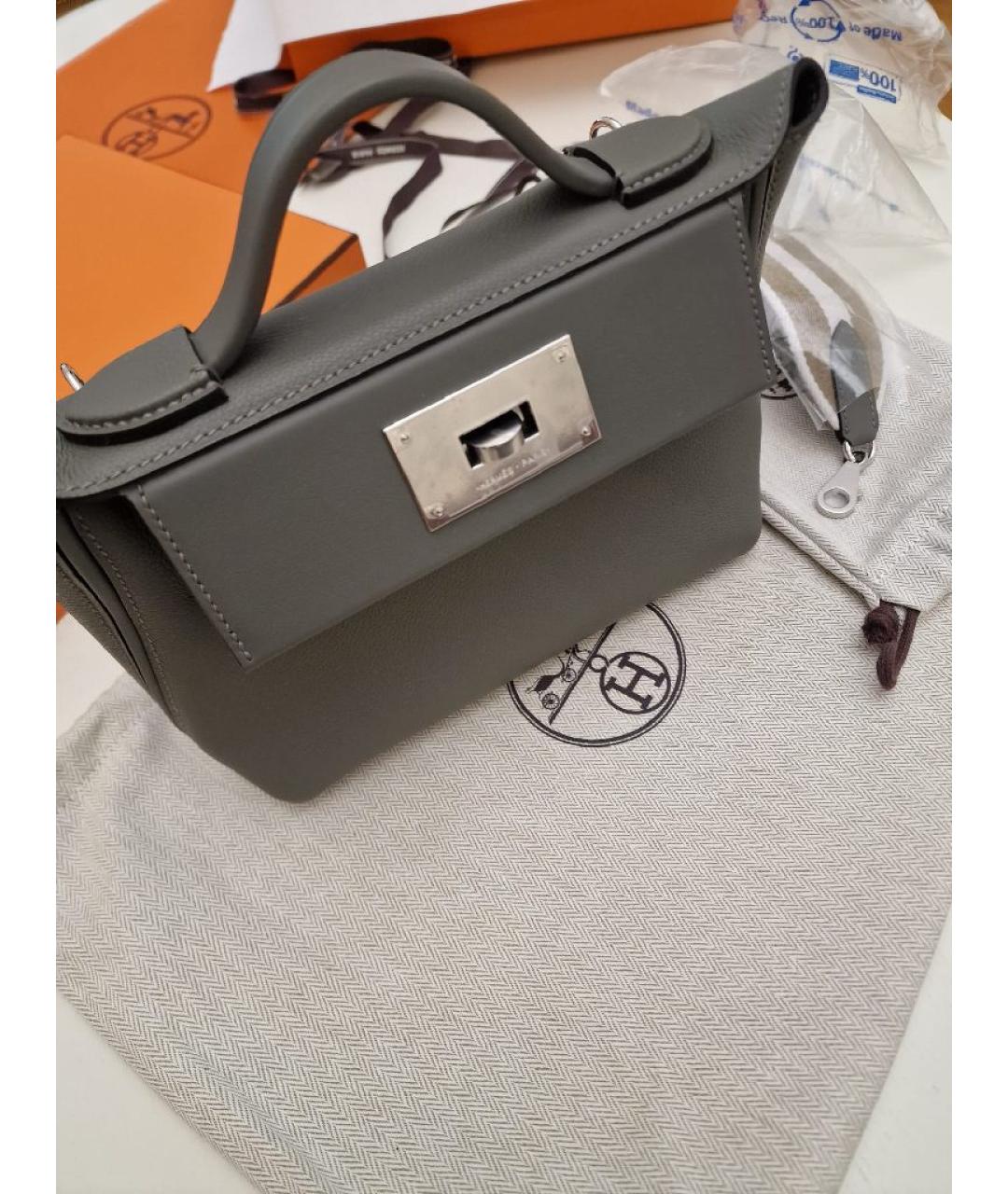 HERMES Серая кожаная сумка с короткими ручками, фото 2
