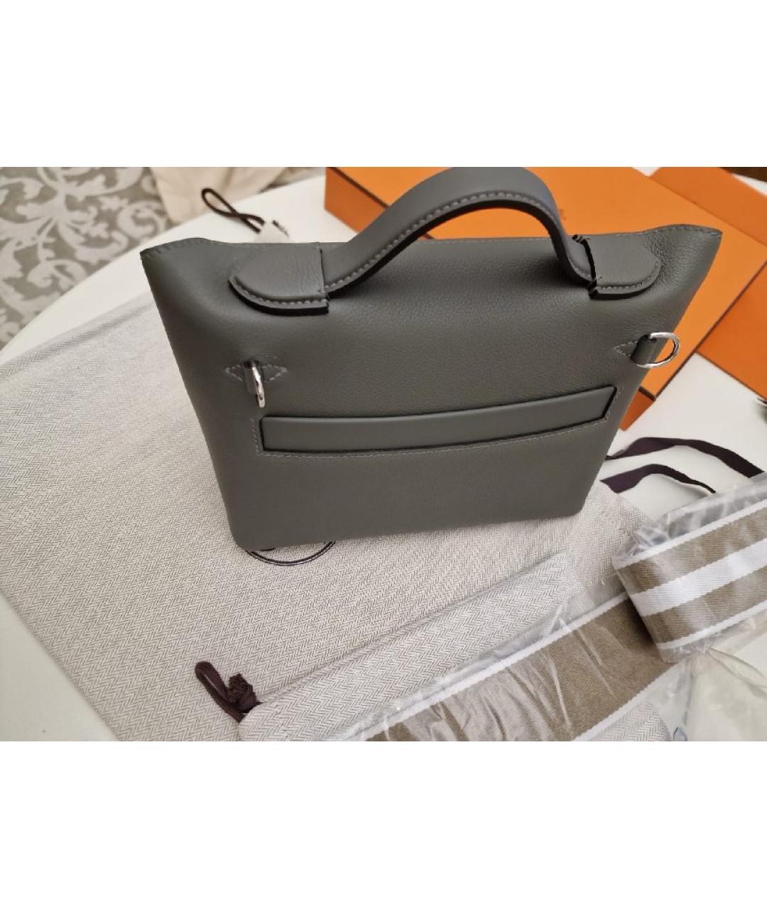 HERMES Серая кожаная сумка с короткими ручками, фото 3