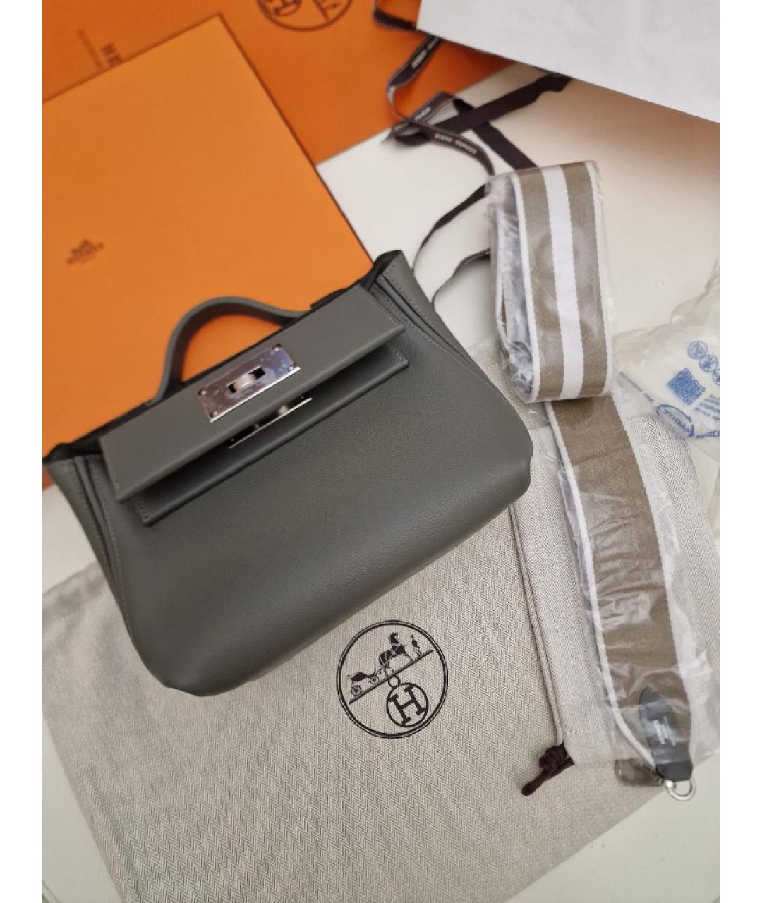 HERMES Серая кожаная сумка с короткими ручками, фото 8