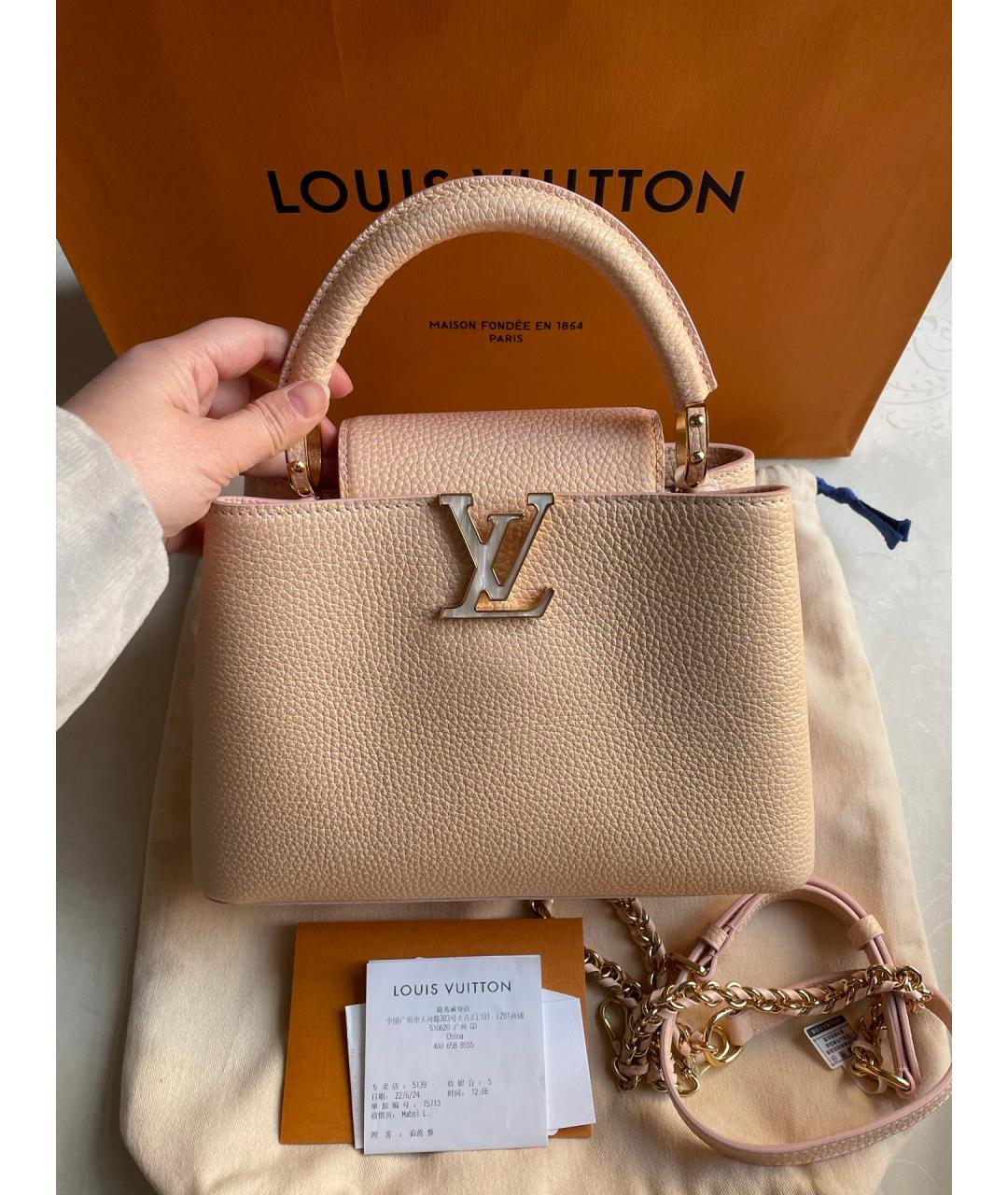 LOUIS VUITTON Бежевая кожаная сумка с короткими ручками, фото 7