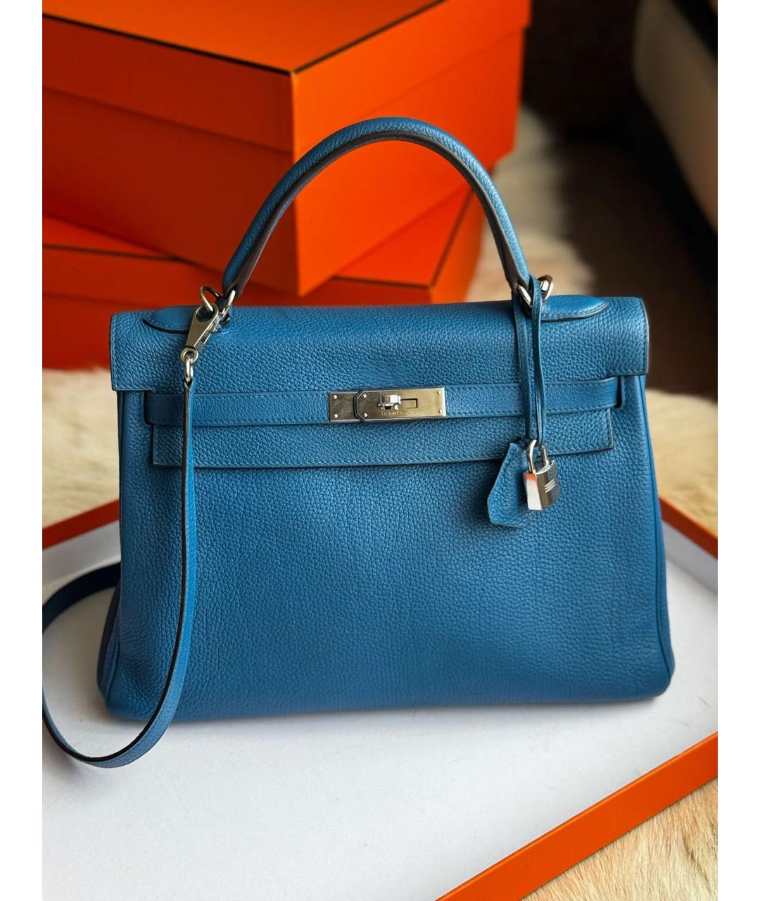 HERMES Голубая кожаная сумка с короткими ручками, фото 9