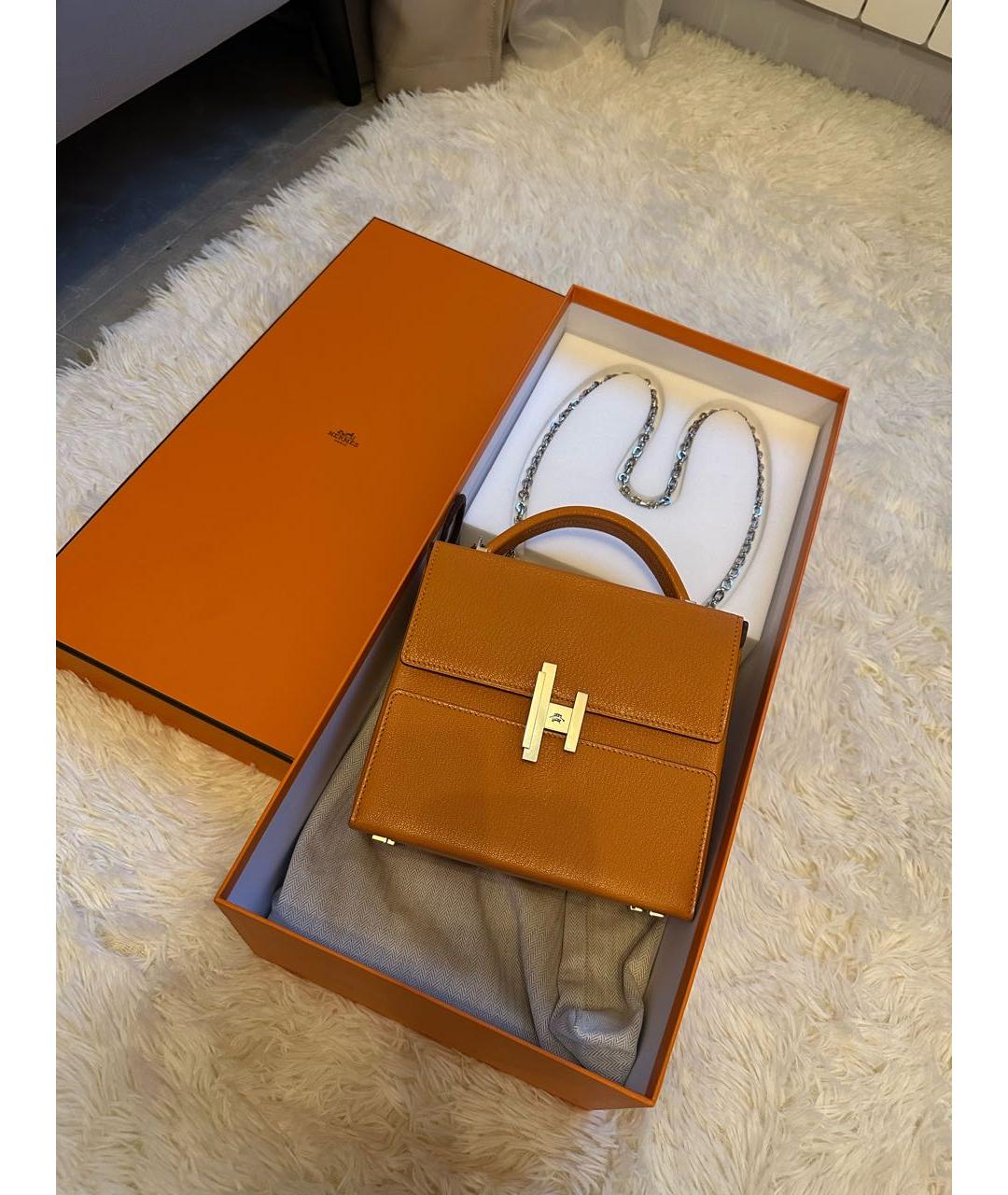 HERMES Коричневая кожаная сумка с короткими ручками, фото 3