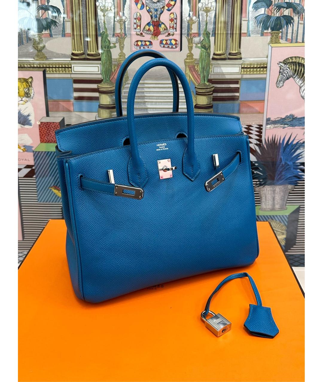 HERMES Голубая кожаная сумка с короткими ручками, фото 3