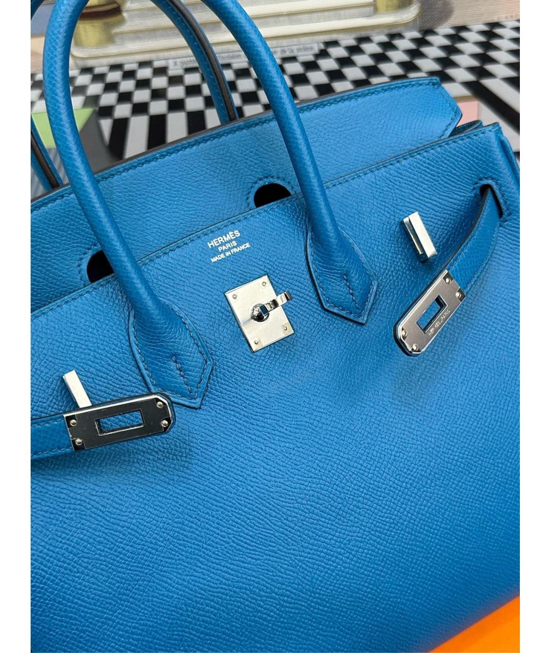 HERMES Голубая кожаная сумка с короткими ручками, фото 6