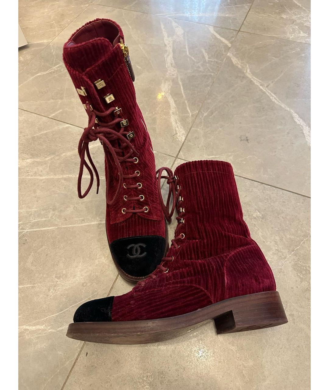 CHANEL Бордовые бархатные ботинки, фото 7