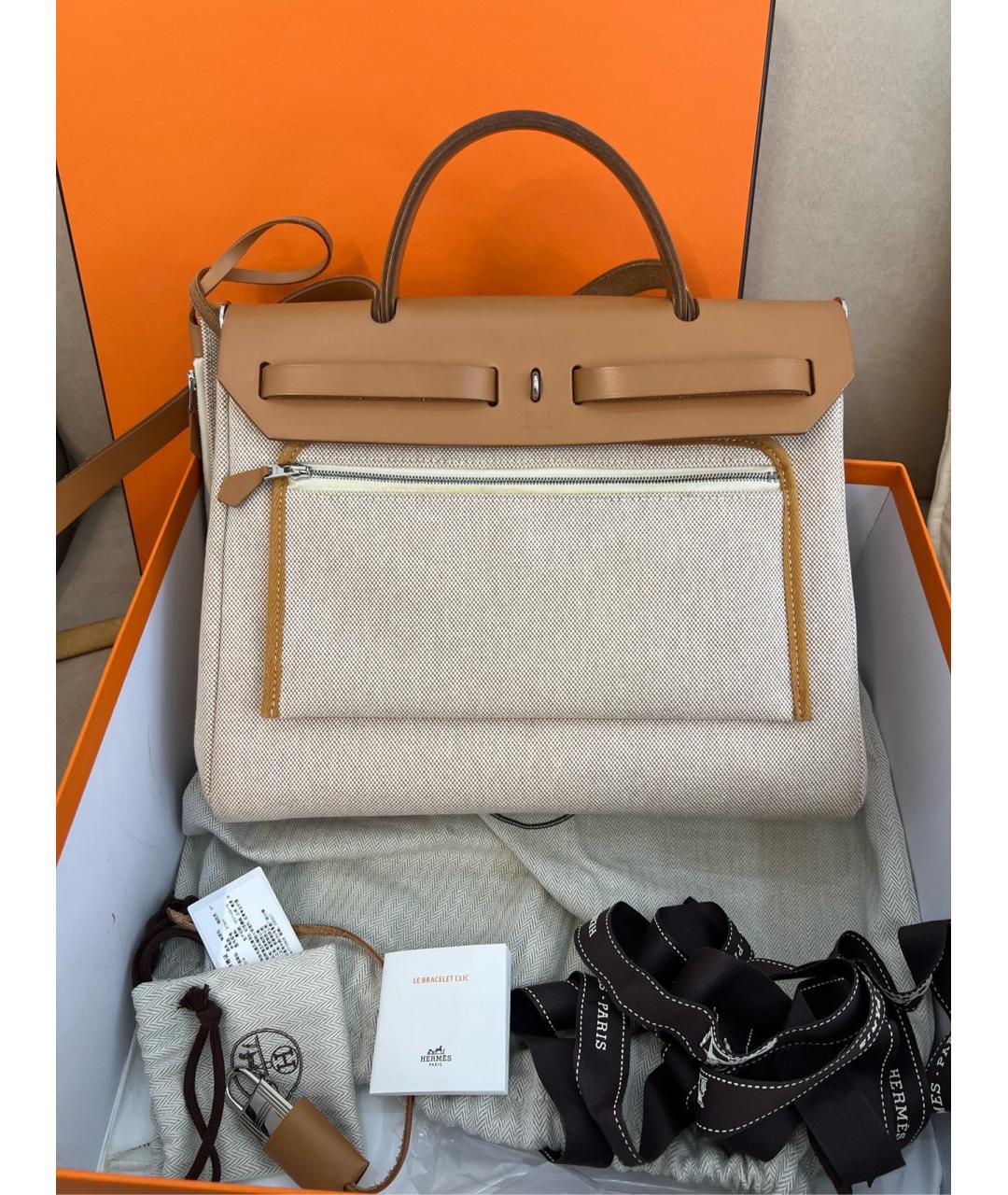 HERMES Коричневая тканевая сумка с короткими ручками, фото 3