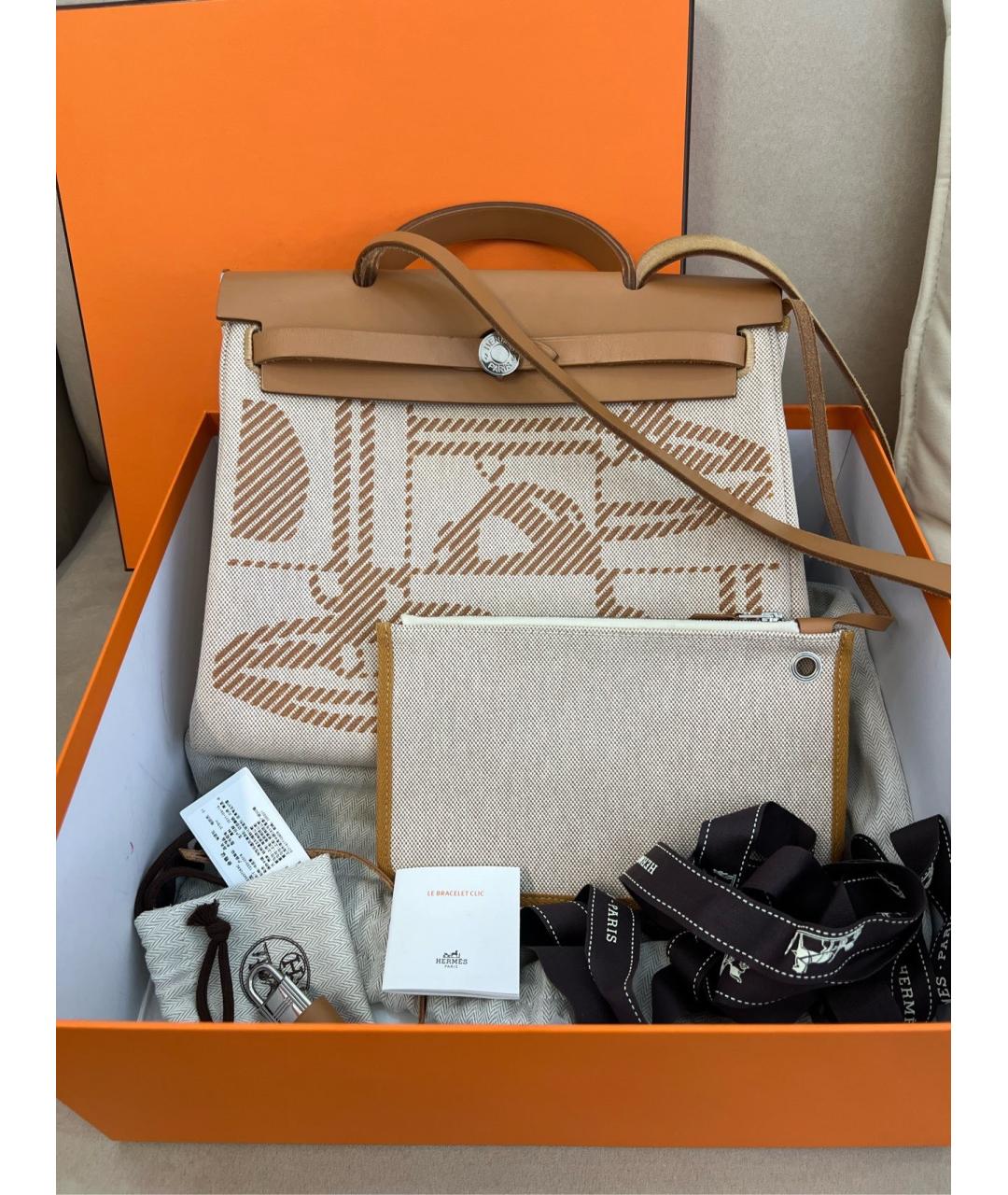 HERMES Коричневая тканевая сумка с короткими ручками, фото 2