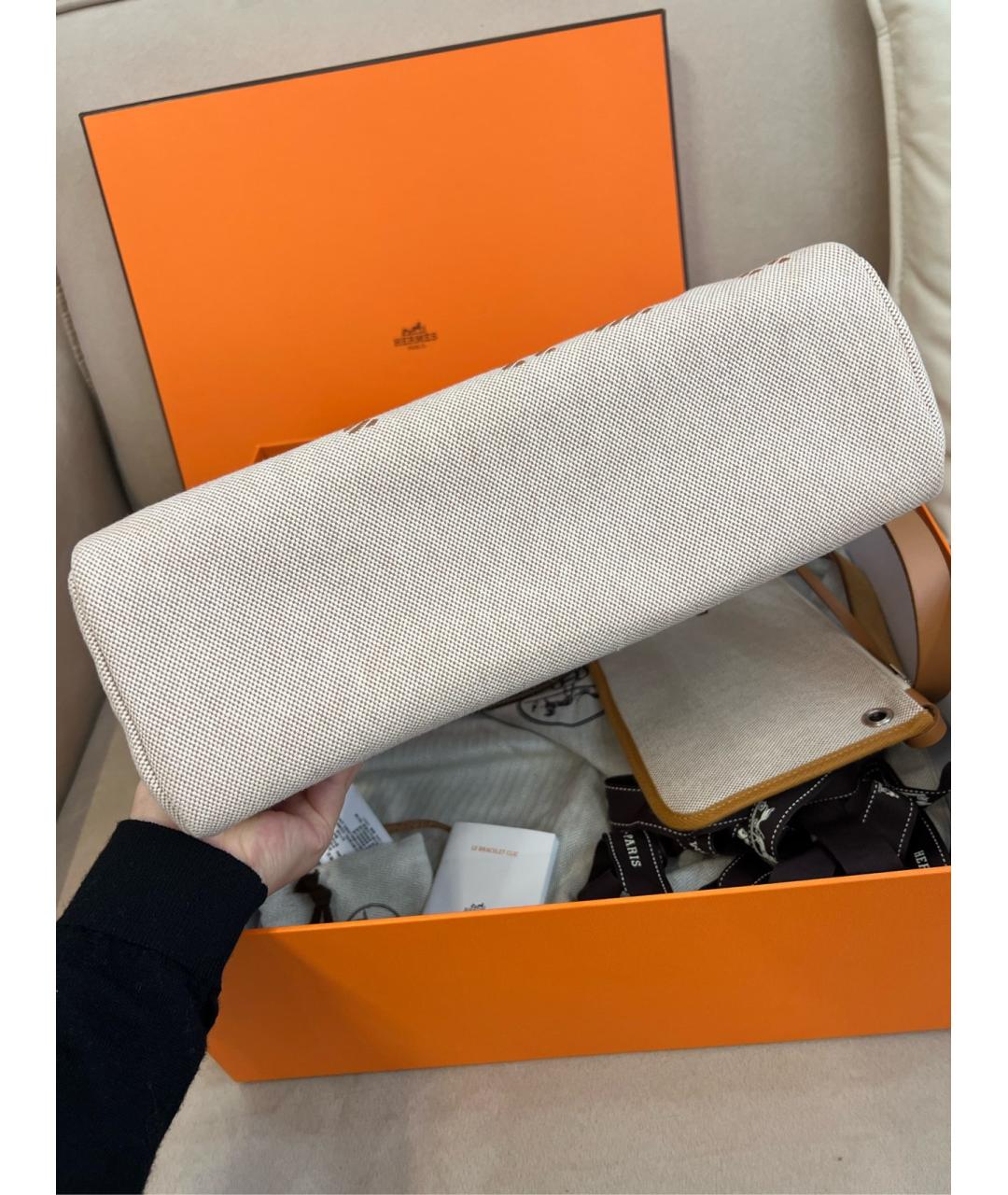 HERMES Коричневая тканевая сумка с короткими ручками, фото 6