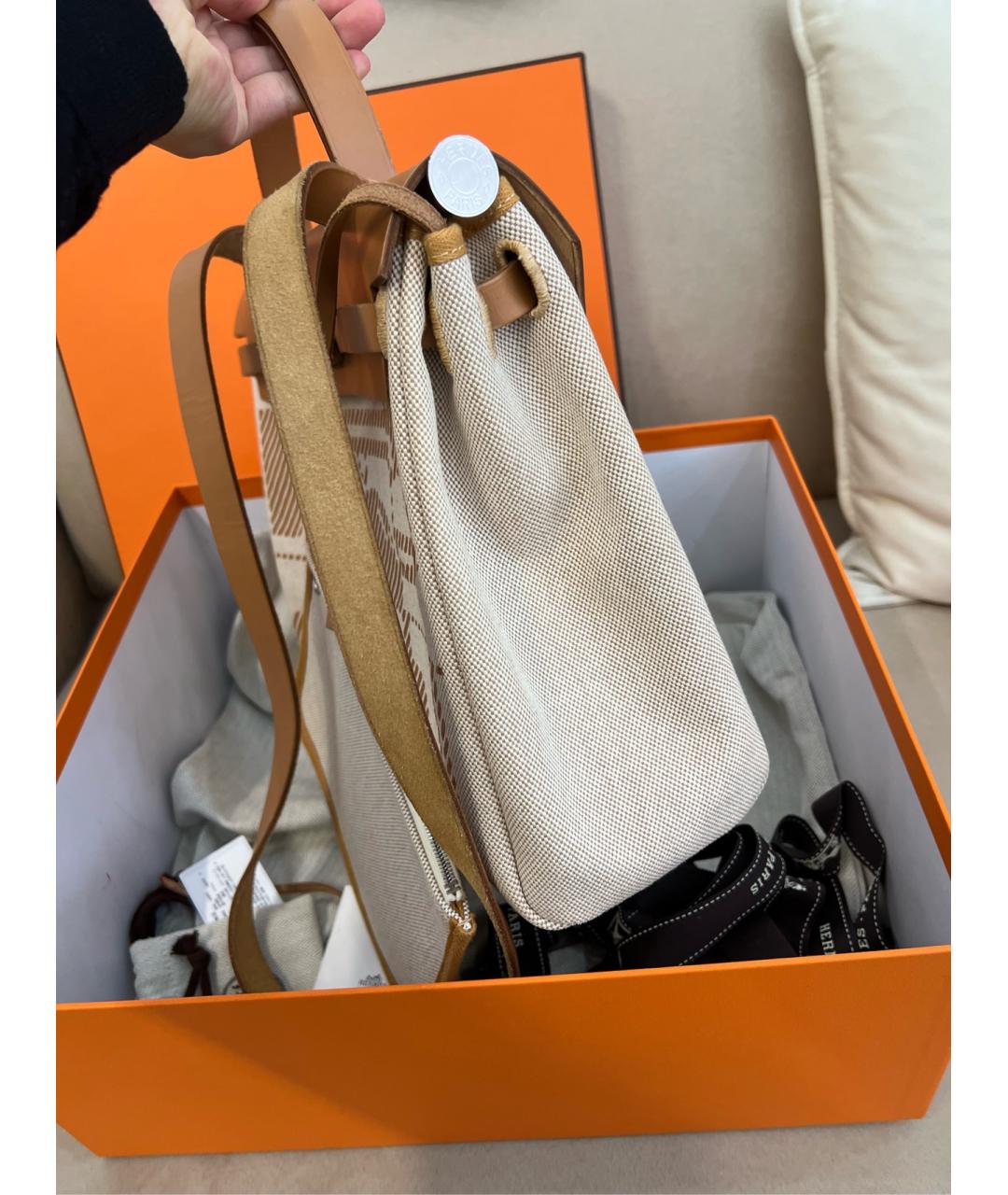 HERMES Коричневая тканевая сумка с короткими ручками, фото 7