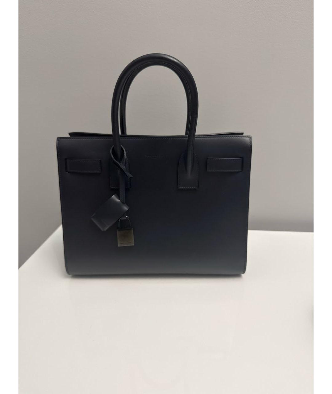 SAINT LAURENT Темно-синяя кожаная сумка с короткими ручками, фото 8