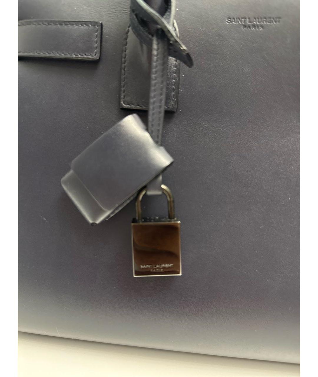 SAINT LAURENT Темно-синяя кожаная сумка с короткими ручками, фото 6