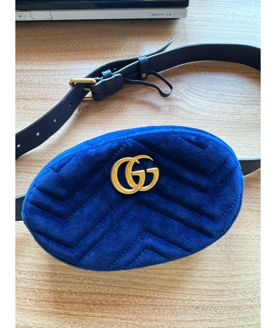 GUCCI Синяя бархатная поясная сумка, фото 2