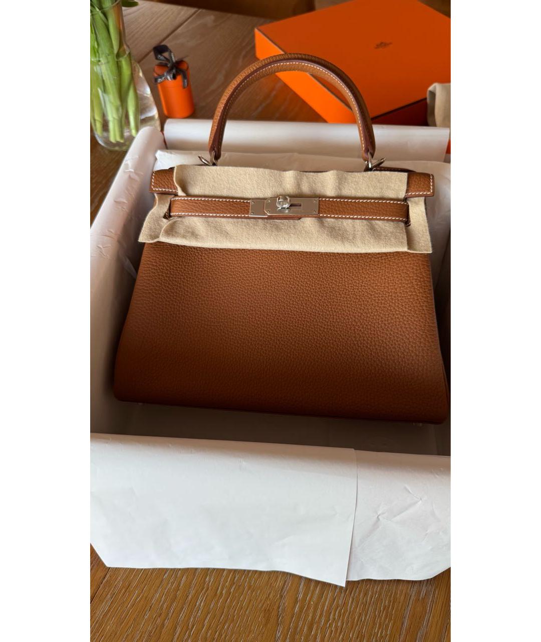 HERMES Коричневая кожаная сумка с короткими ручками, фото 2
