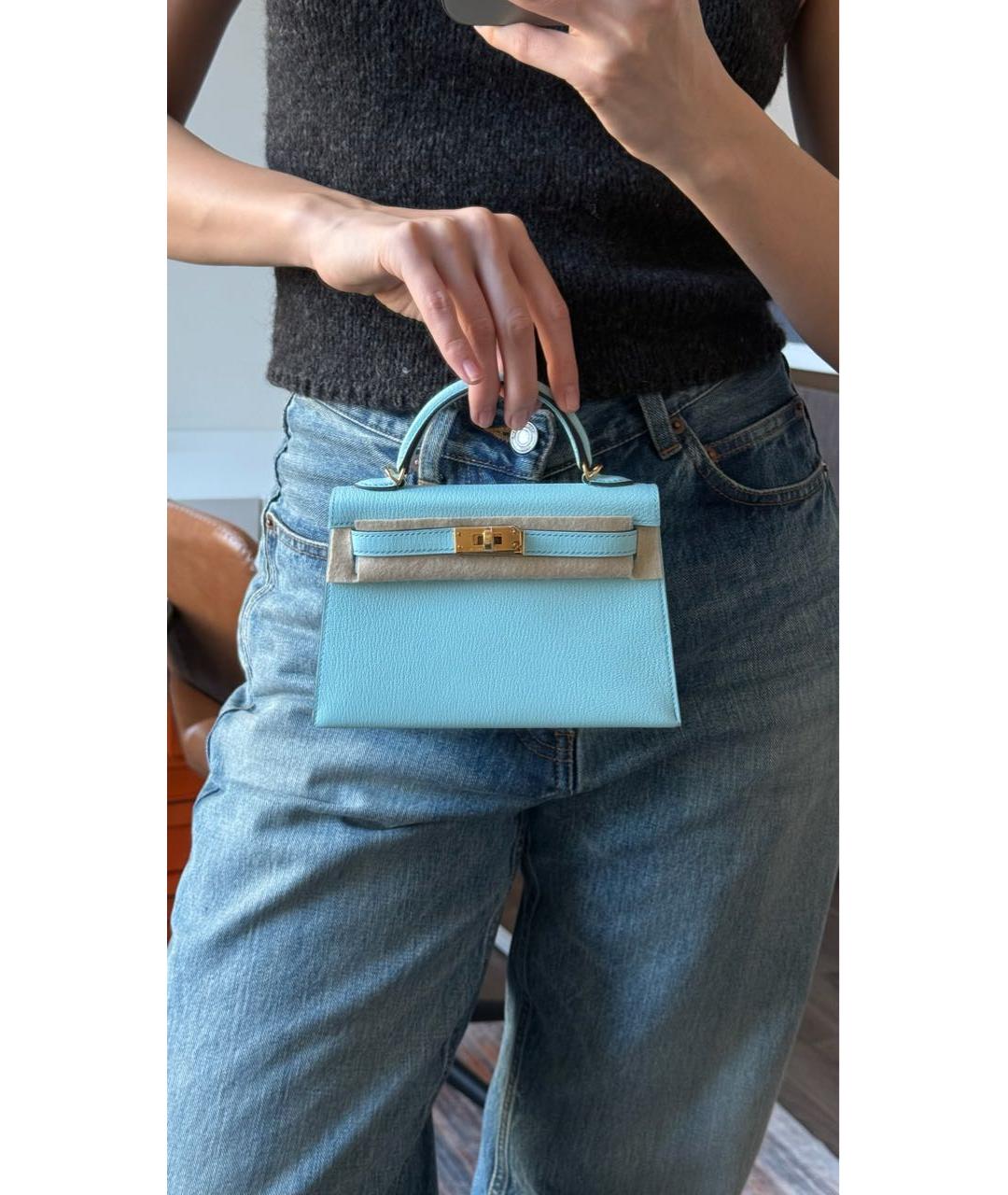 HERMES Бирюзовая кожаная сумка с короткими ручками, фото 2