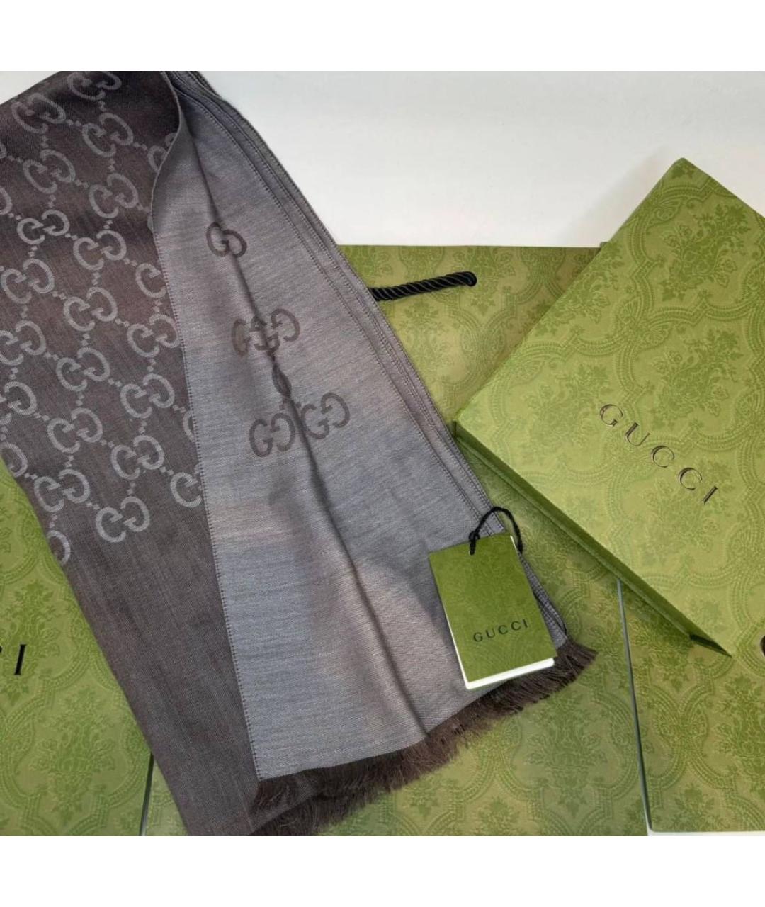 GUCCI Серый шерстяной шарф, фото 2
