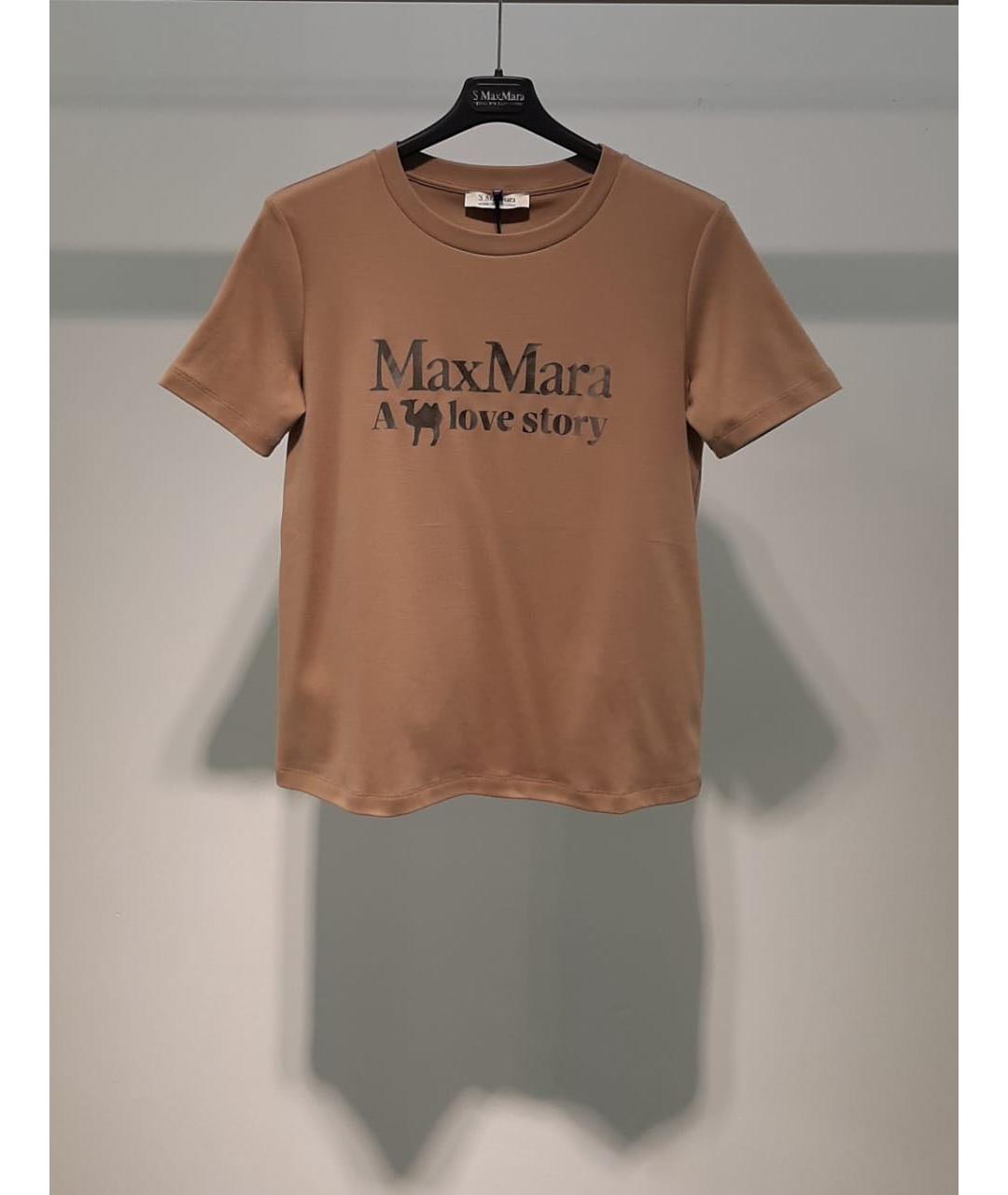 'S MAX MARA Коричневая хлопко-эластановая футболка, фото 3