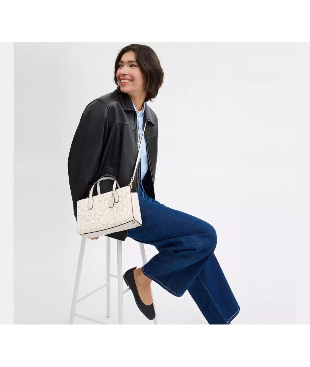 COACH Белая кожаная сумка с короткими ручками, фото 5