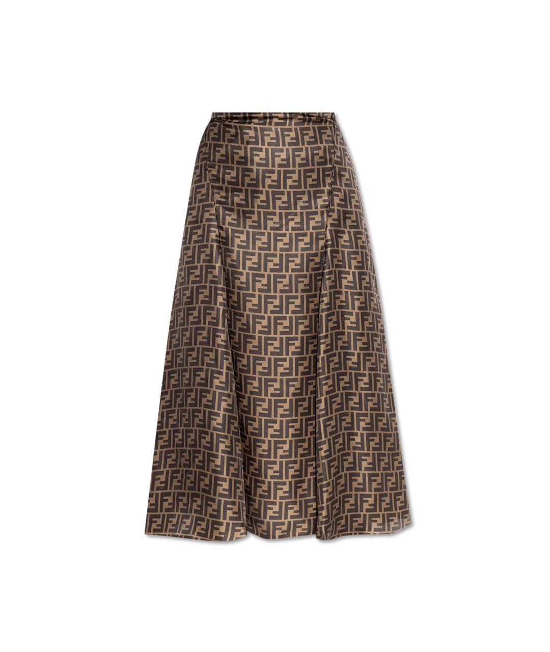 FENDI Коричневая шелковая юбка миди, фото 1