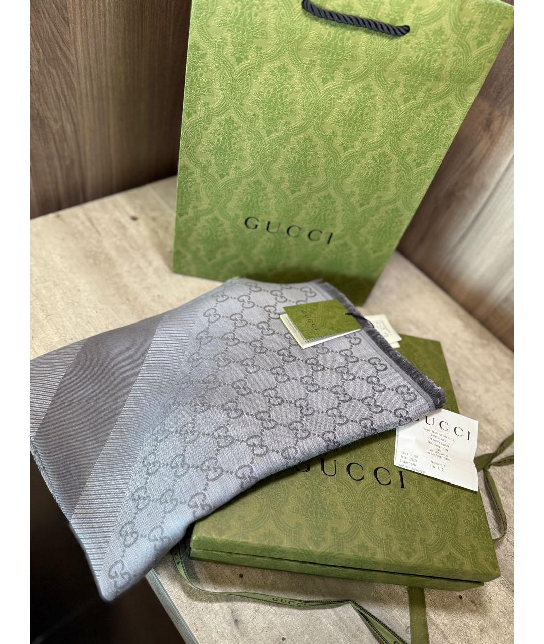 GUCCI Серый шелковый шарф, фото 5