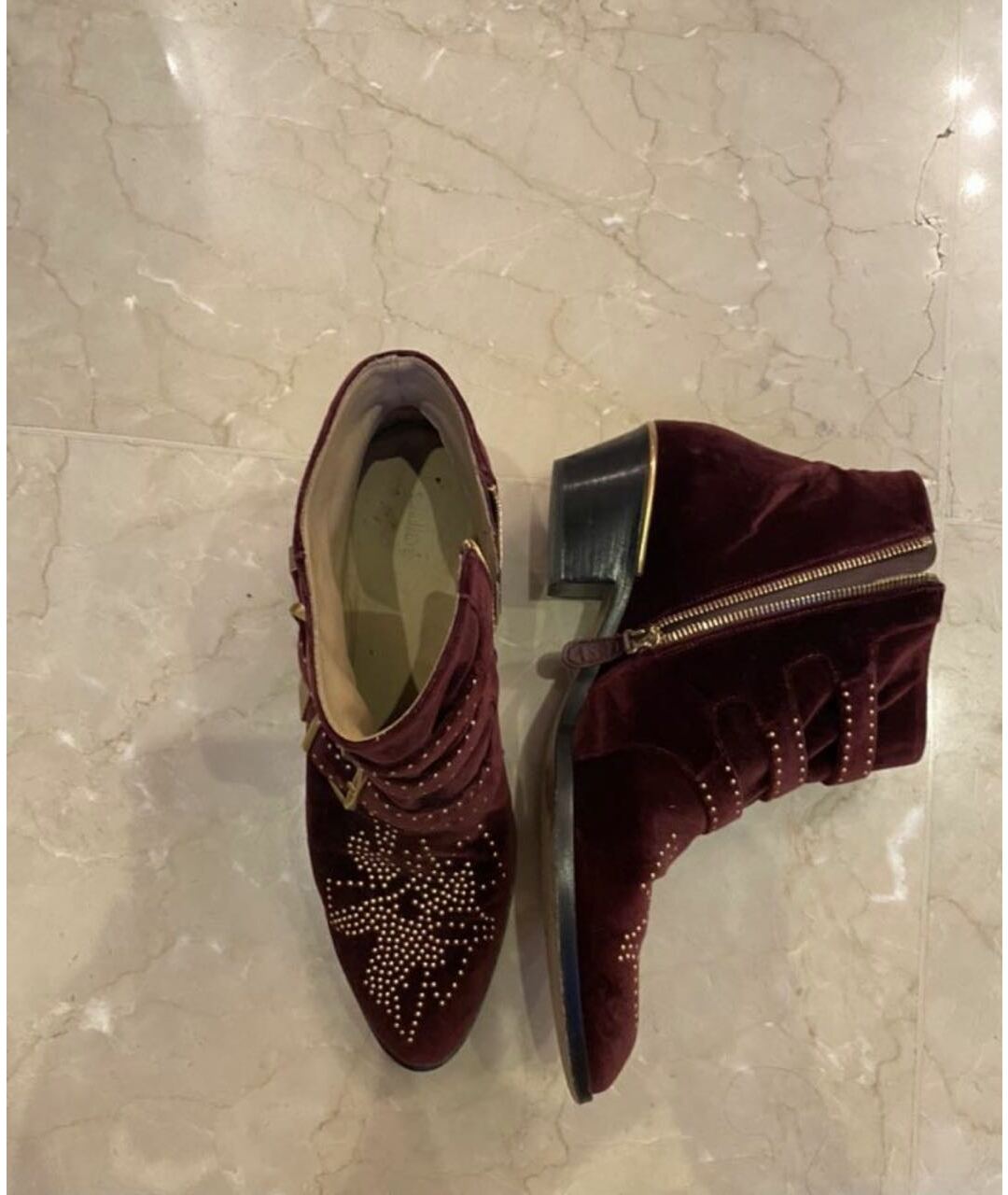 CHLOE Бордовые бархатные ботинки, фото 3