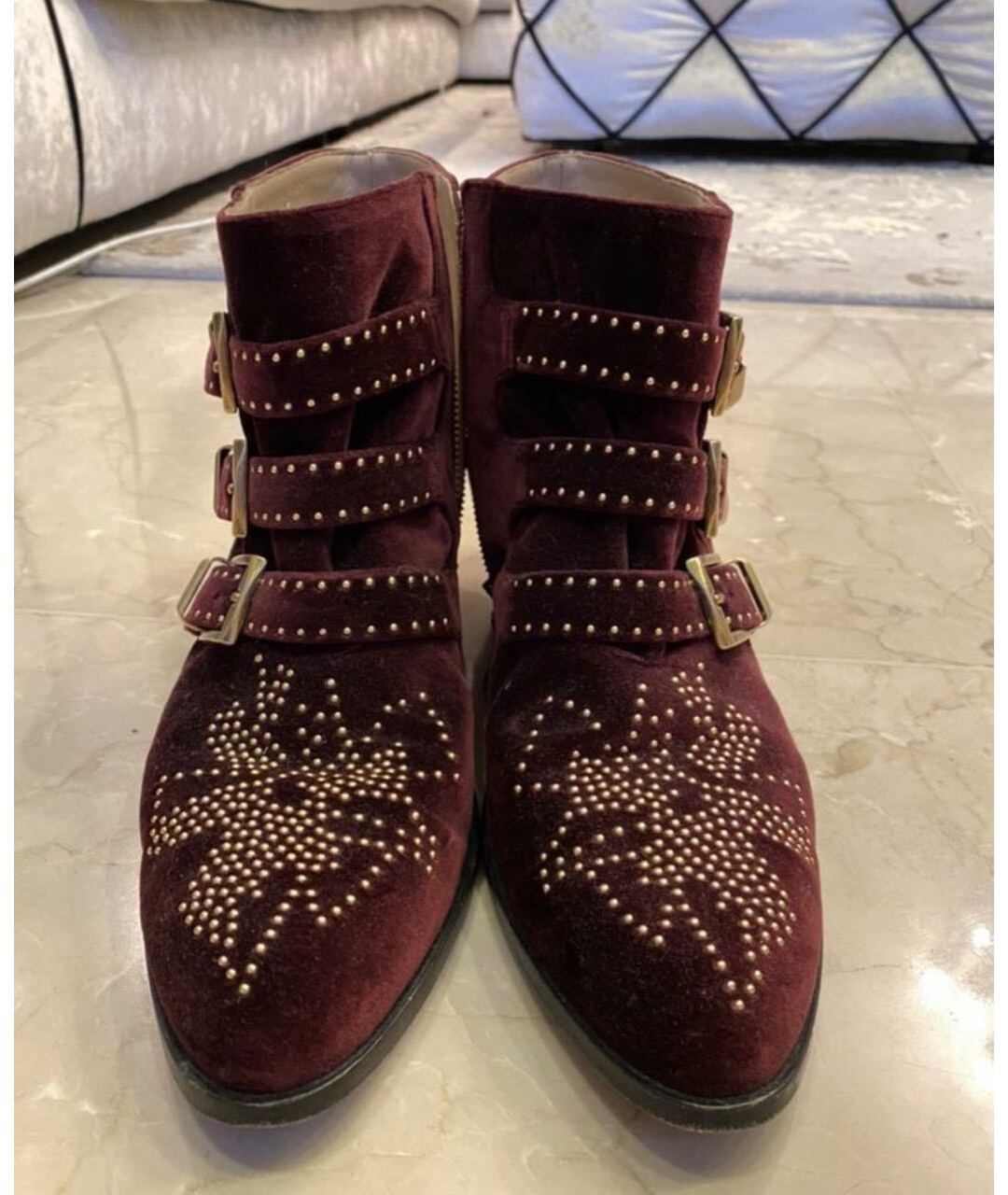 CHLOE Бордовые бархатные ботинки, фото 2