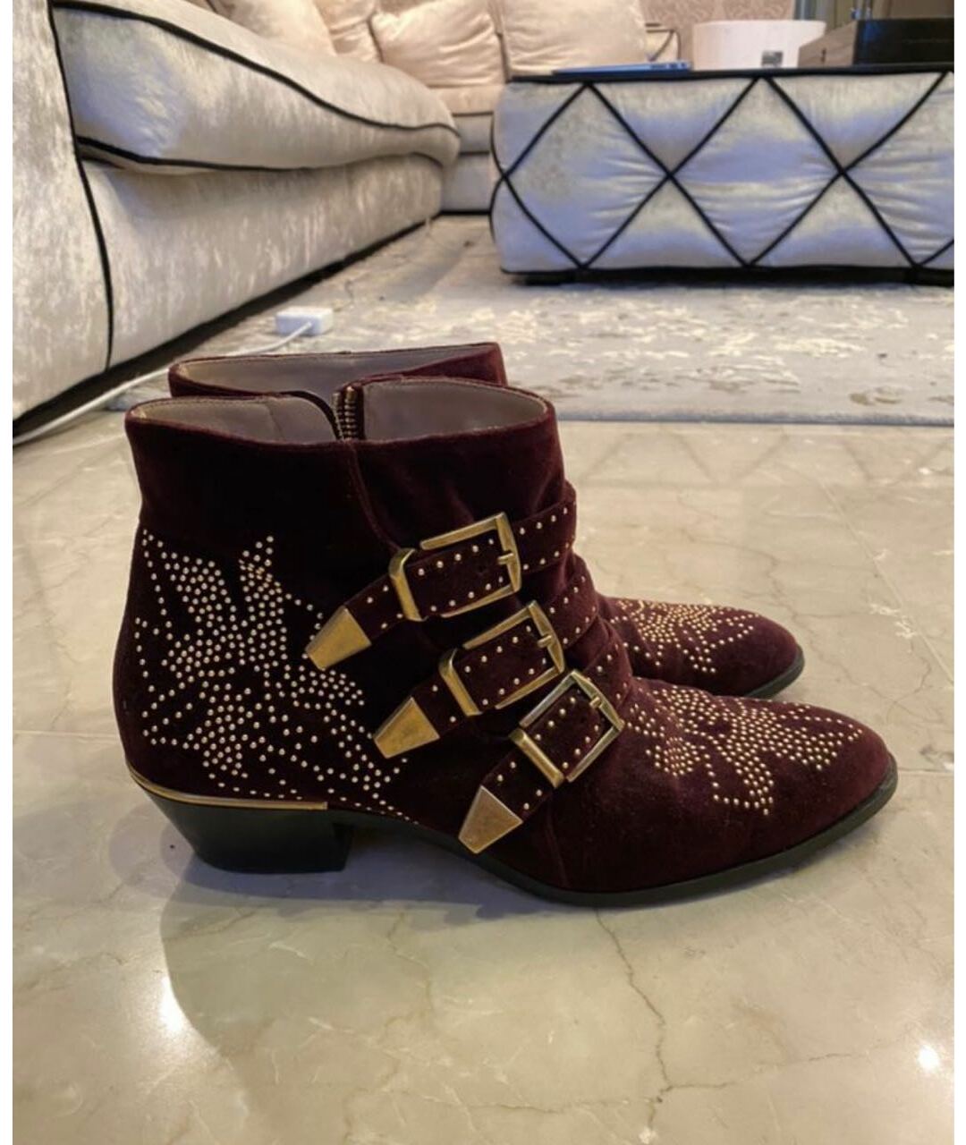 CHLOE Бордовые бархатные ботинки, фото 8